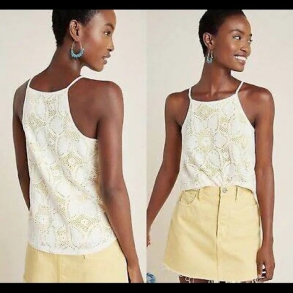 Anthropologie Tops - Anthropologie Cosette Yellow White Lace camisole Tank top sleeveless SZ medium